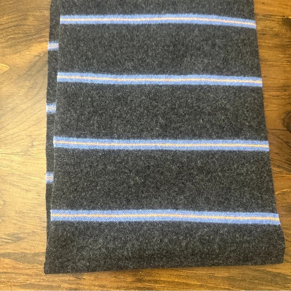 Drake’s Ben Silver Scarf Hat Glove Set Lambs Wool Dark Gray Blue Stripe